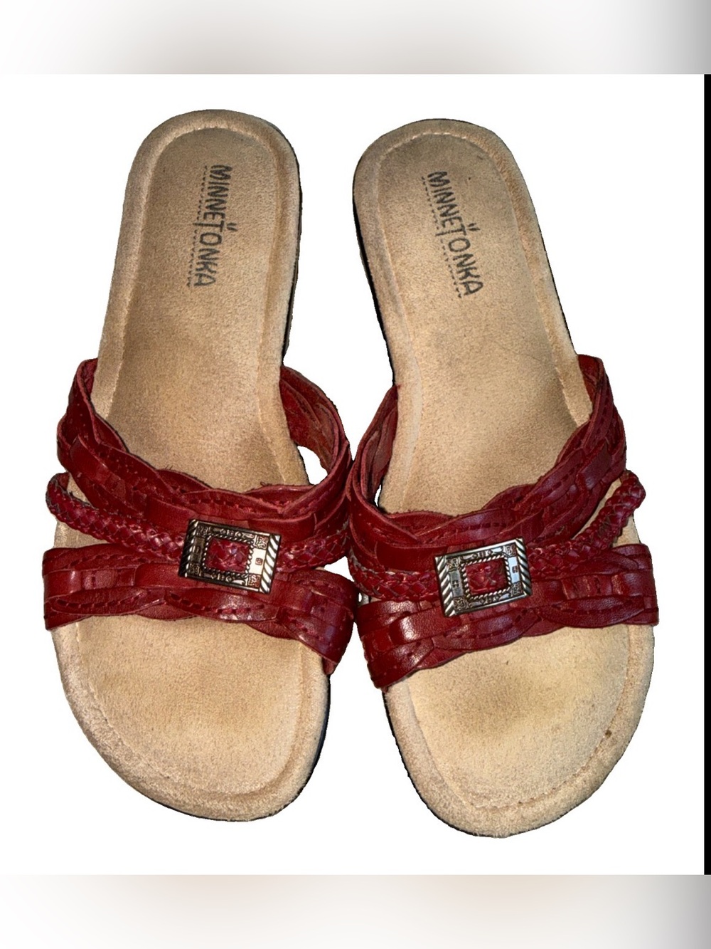 Minnetonka Red Braided Slide Clogs with Decorative Buckles size 8